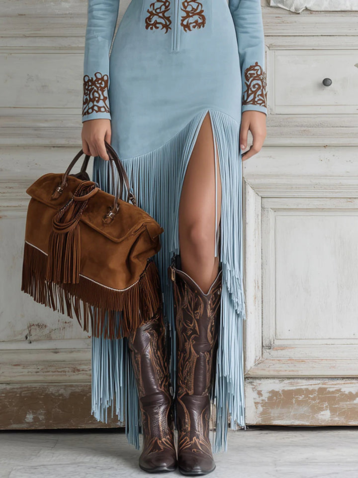 Ingrid | HALF-ZIP EMBROIDERED FAUX SUEDE FRINGE MAXI DRESS