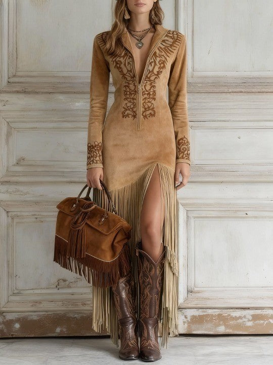 Ingrid | HALF-ZIP EMBROIDERED FAUX SUEDE FRINGE MAXI DRESS